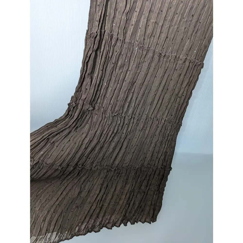Vintage Y2K Notations Maxi Skirt Brown Crinkle Pleat Metallic Thread with Sequin